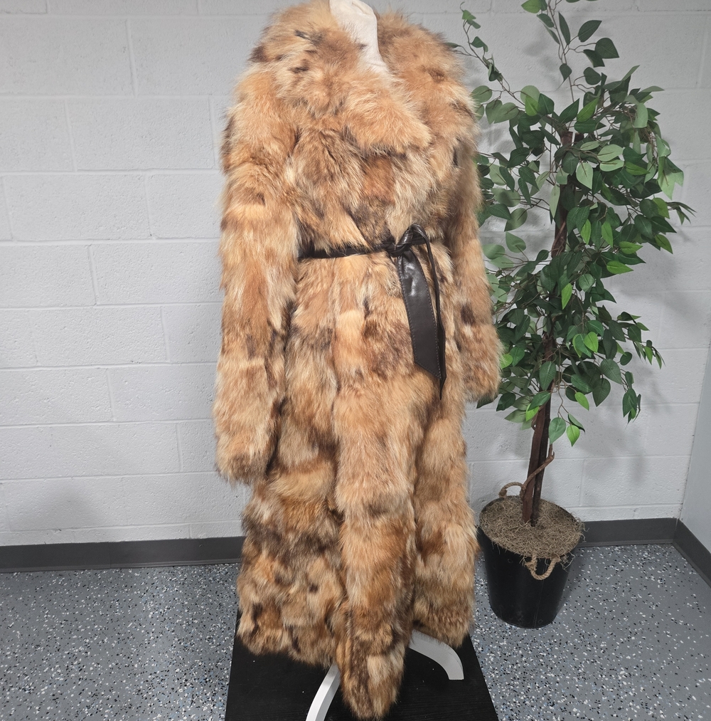 Retro 70s Raccoon Fur Belted Full Length Trench Coat Large Glam Mobwife Luxury